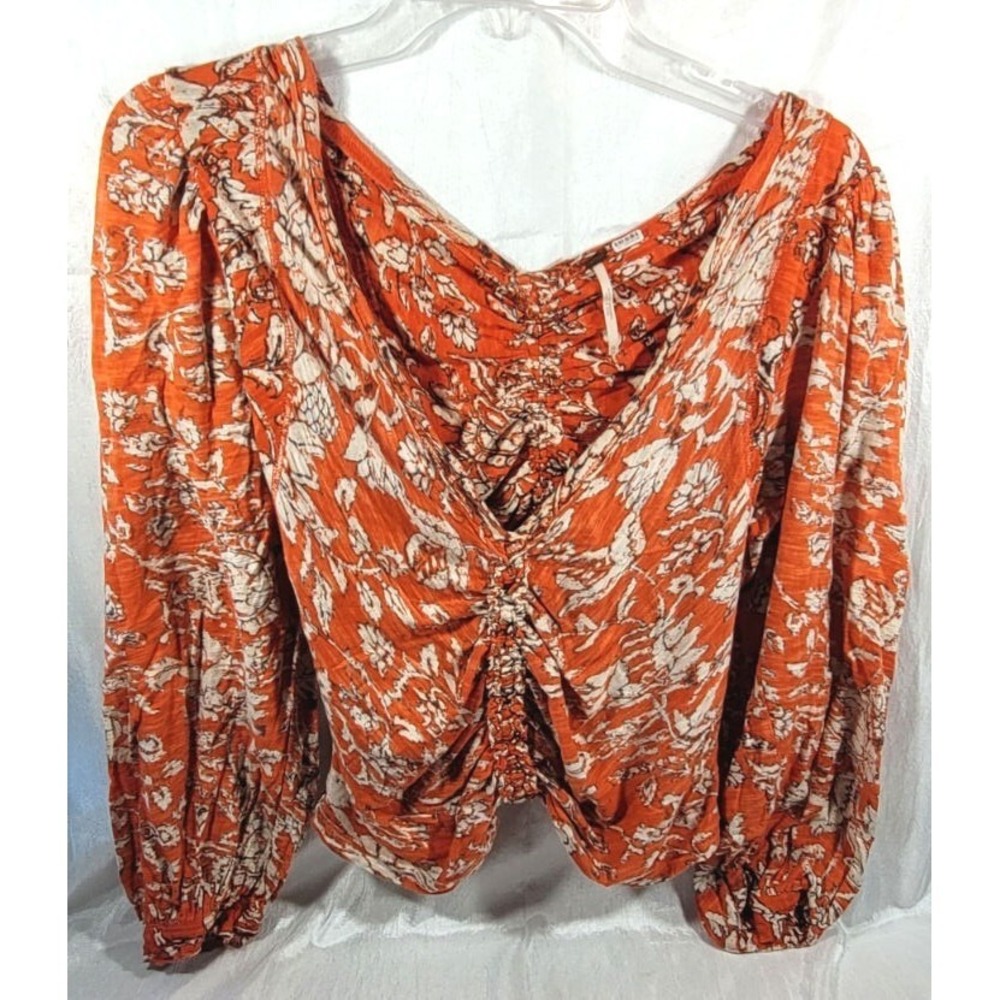 Free People Say The Word Floral V-Neck Long Sleeve Ruched Top - Orange - Medium